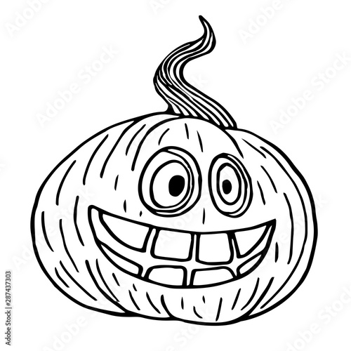 Halloween pumpkin with a wide smile sketch, black outline isolated, illustration for design and decora vector