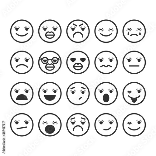 Girls emoji, emoticons with eyelashes and inflated lips. Emotional icons or symbols for communication, mood indicator.