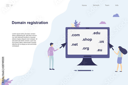 Domain registration web page. Flat vector stock illustration. People choose a domain name. Find and purchase website domain name