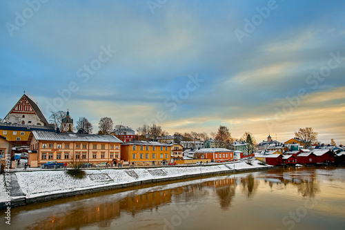 Old historic Porvoo, Finland with wooden houses and medieval stone and brick Porvoo Cathedral at blue hour sunrise