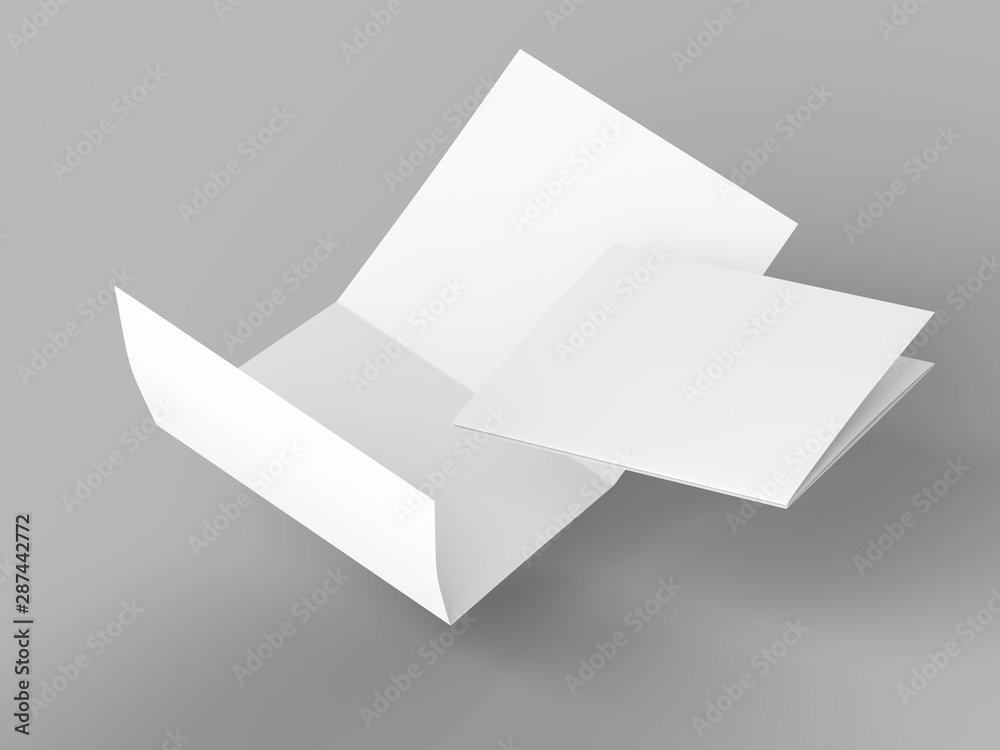Open folded leaflet in square format. Flying leaflet folded to 3. 3d illustration Open folded leaflet in square format. Flying leaflet folded to 3. 3d illustration