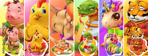 Funny animals. Pig, chicken, rabbit, snake, unicorn, tiger. 3d vector background