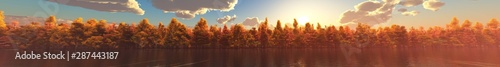 Panorama of the autumn landscape. Autumn park at sunset. Autumn trees under a blue sky with clouds. Banner. © ustas