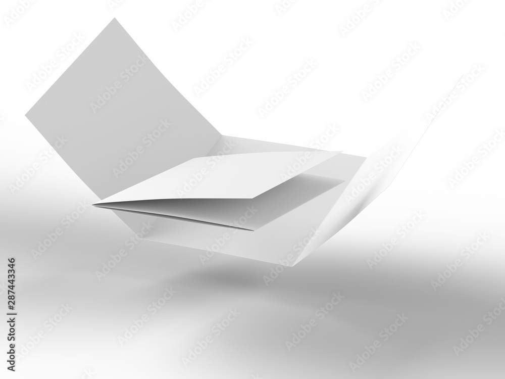 Open folded leaflet in square format. Flying leaflet folded to 3. 3d illustration Open folded leaflet in square format. Flying leaflet folded to 3. 3d illustration