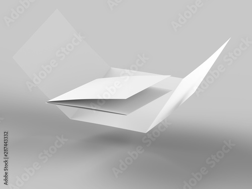 Open folded leaflet in square format. Flying leaflet folded to 3. 3d illustration