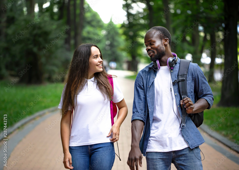 Caucasian student girl communicating with African student mate in campus park