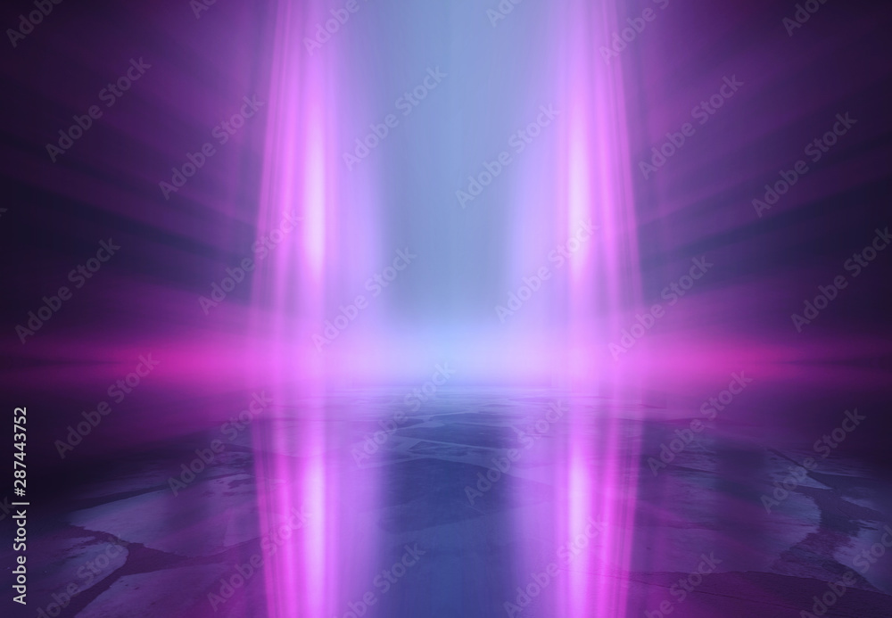 Empty background scene. Dark reflection of the street on the wet asphalt. Rays of blue and red neon light in the dark, neon figures, smoke. Background of empty stage show. Abstract dark background.