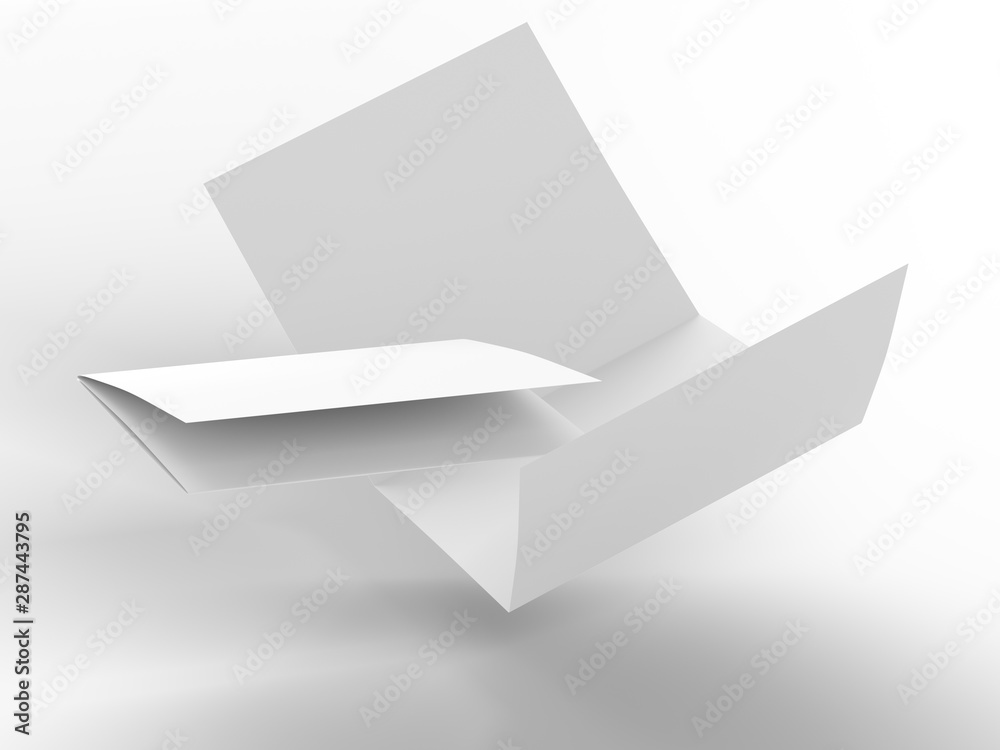 Open folded leaflet in square format. Flying leaflet folded to 3. 3d illustration Open folded leaflet in square format. Flying leaflet folded to 3. 3d illustration