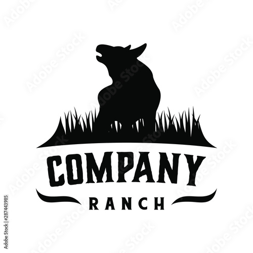 vintage cow/ angus / bull / buffalo  on grass for ranch logo  design template