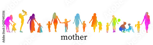 Set of different multi-colored silhouettes of mom with a baby. Vector illustration