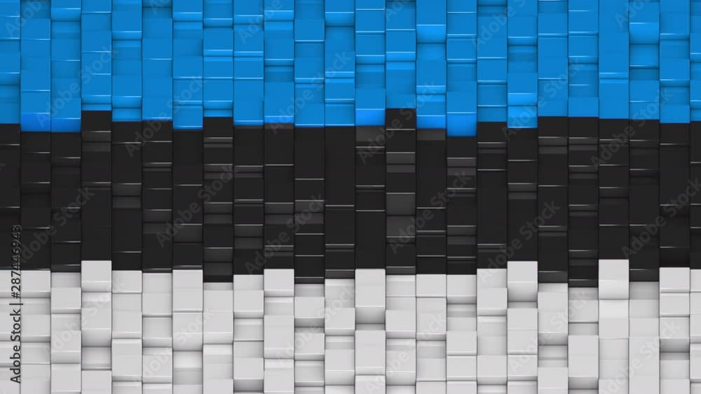 Estonian flag made of cubes moving up and down in a random pattern. 3D animated motion background loop.