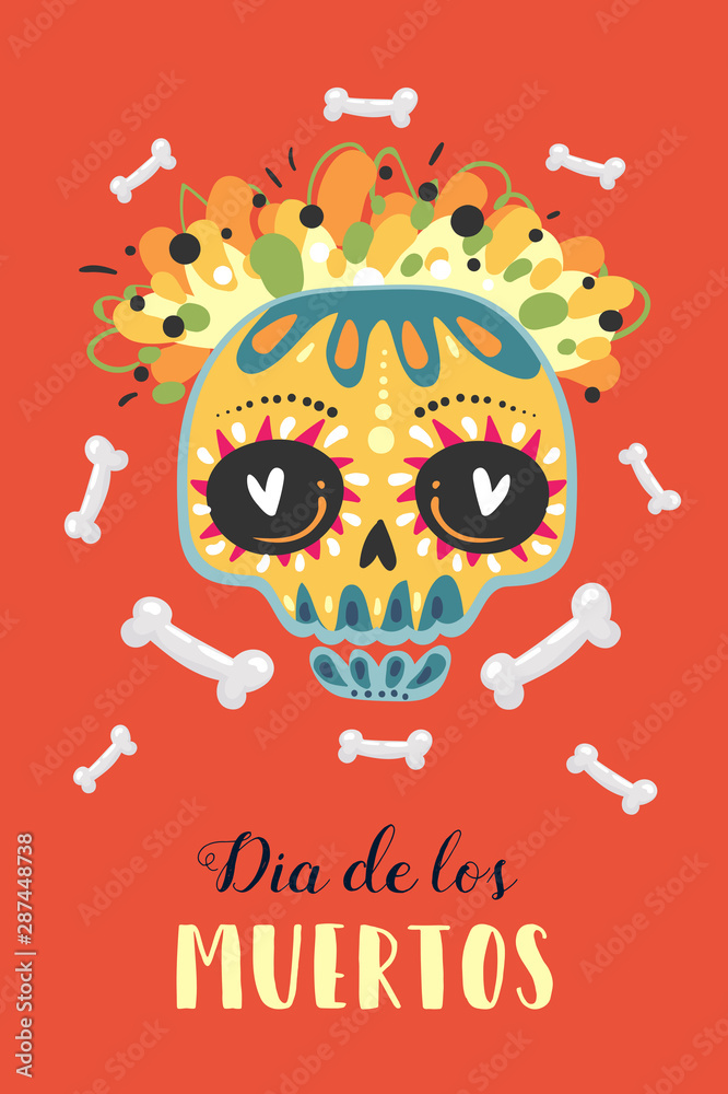 Dia de Los Muertos, Mexican Day of the Dead, set of greeting cards with lettering, flowers, skull