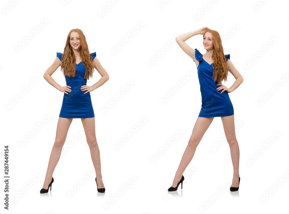 Beautiful lady in dark blue dress isolated on white Beautiful lady in dark blue dress isolated on white
