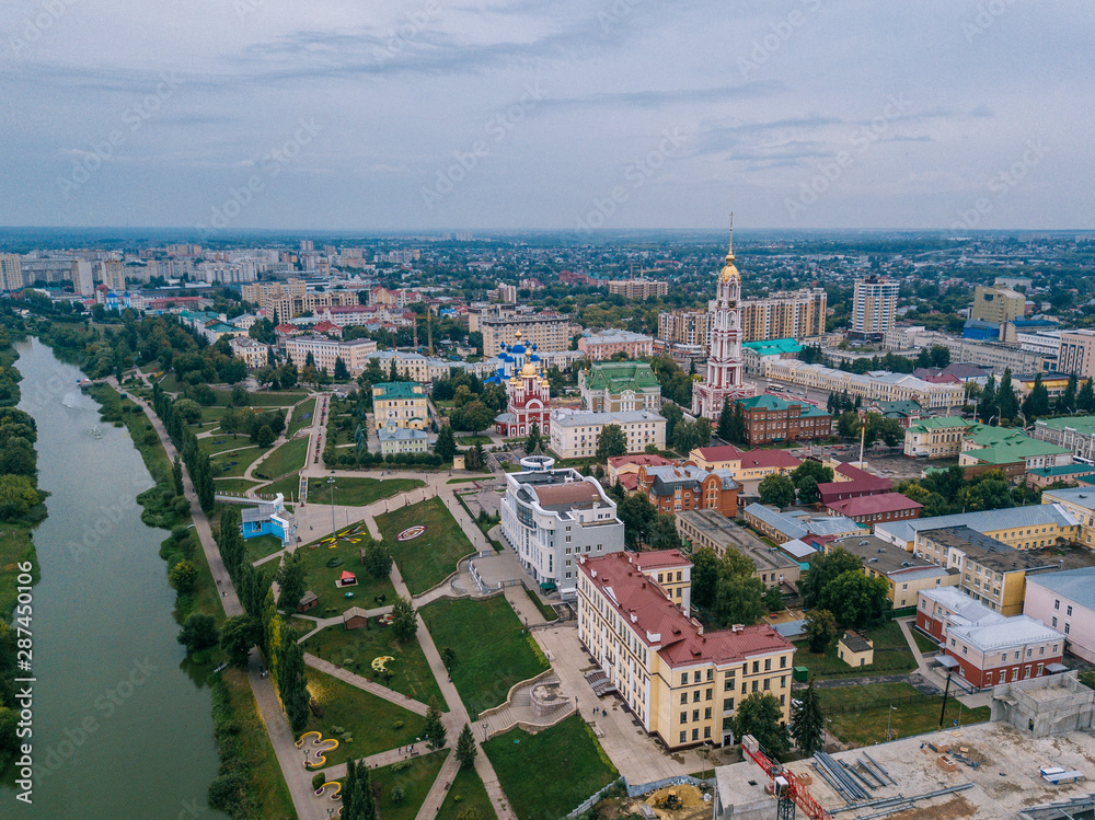 Tambov, historical downtown in cloudy summer, aerial view from drone