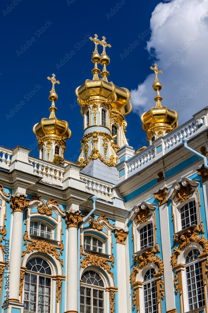 Facade of Catherine palace in Tsarkoe Selo, Pushkin, Saint Petersburg, Russia