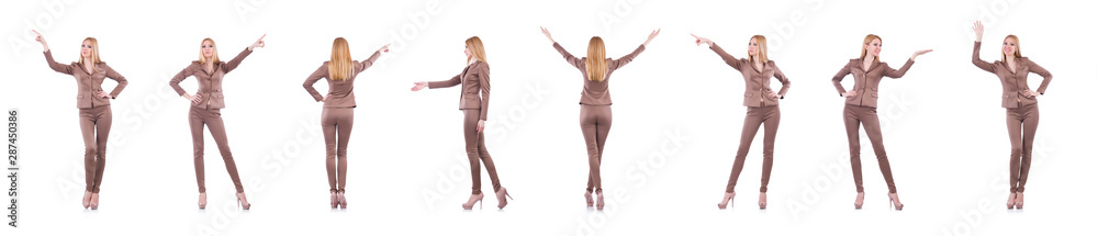 Young blond businesswoman pressing virtual button isolated on wh Young blond businesswoman pressing virtual button isolated on wh