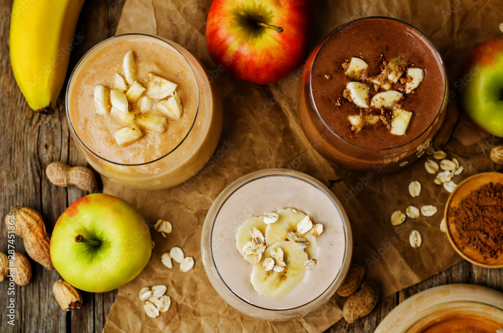 peanut butter smoothie with milk, chocolate, apples, banana and oats
