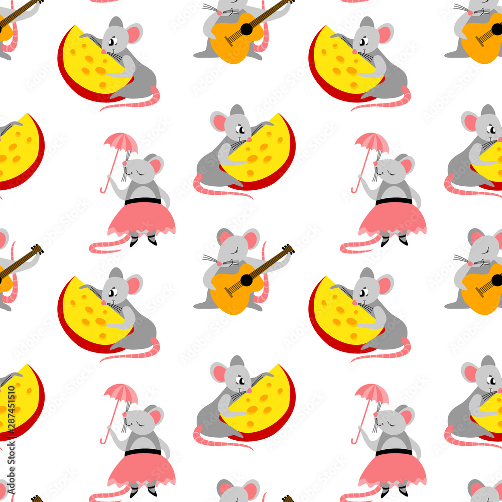 Seamless pattern with cute cartoon rats isolated on white background. Flat vector illustration.