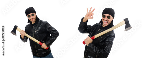 Angry man with axe isolated on white