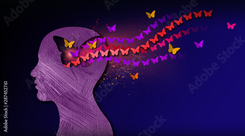 Fotografie Graphic abstract stream of dreamlike butterflies flowing from iconic puzzle open