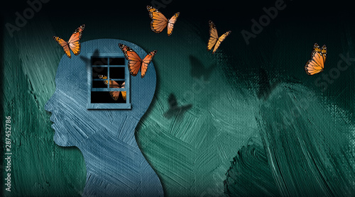 Graphic abstract of set free butterflies escaping open window of the mind photo