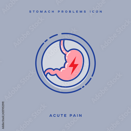 Stomach problem icon. Stomach acute pain. Linear icons in a circle. Medicine pictures.
