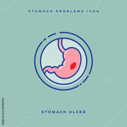 Stomach problem icon. Stomach ulcer. Linear icons in a circle. Medicine pictures.