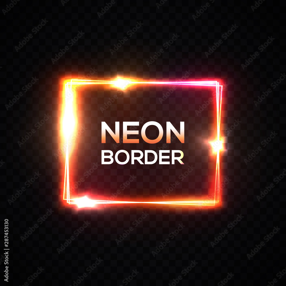 Fototapeta premium Vector neon background. Glowing rectangle frame. Shining line led lamp square banner isolated on black transparent background. Geometric shape light electricity sign. Bright color vector illustration.