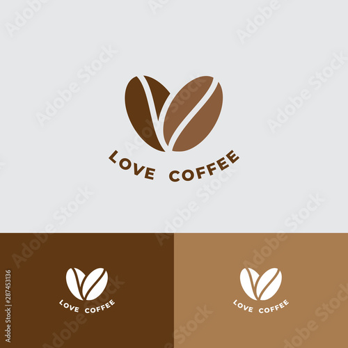 Love Coffee logo. Cafe or restaurant emblem. Two beans of coffee, like a heart with letters on different backgrounds.