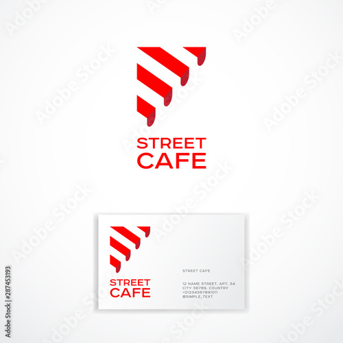 Street Cafe logo. Cafe or Restaurant emblem. Striped awning and letters.