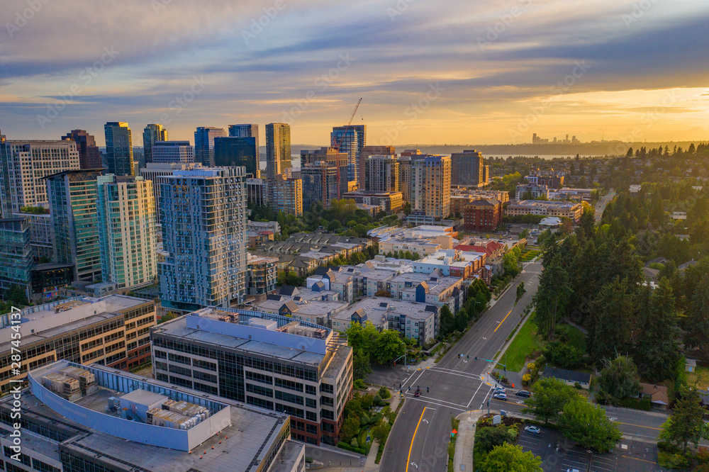 Drone shot of the city of Bellevue from above