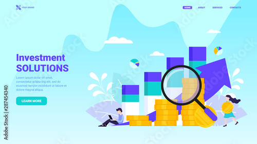 Investment solutions landing page design. Financial services, business growth, startup, profit growth concept for web site or banner. Trendy flat vector illustration with tiny characters.