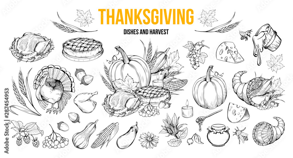 Thanksgiving coloring book illustrations set. Traditional autumn holiday celebration hand drawn symbols. Fall season harvest, natural vegetables. Turkey, pumpkin, honey and pie monochrome drawings - obrazy, fototapety, plakaty 