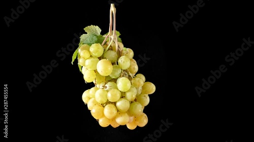 Green grape branch rotates in water drops on a dark background.