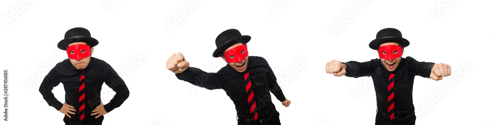 Young man with red mask isolated on white Young man with red mask isolated on white