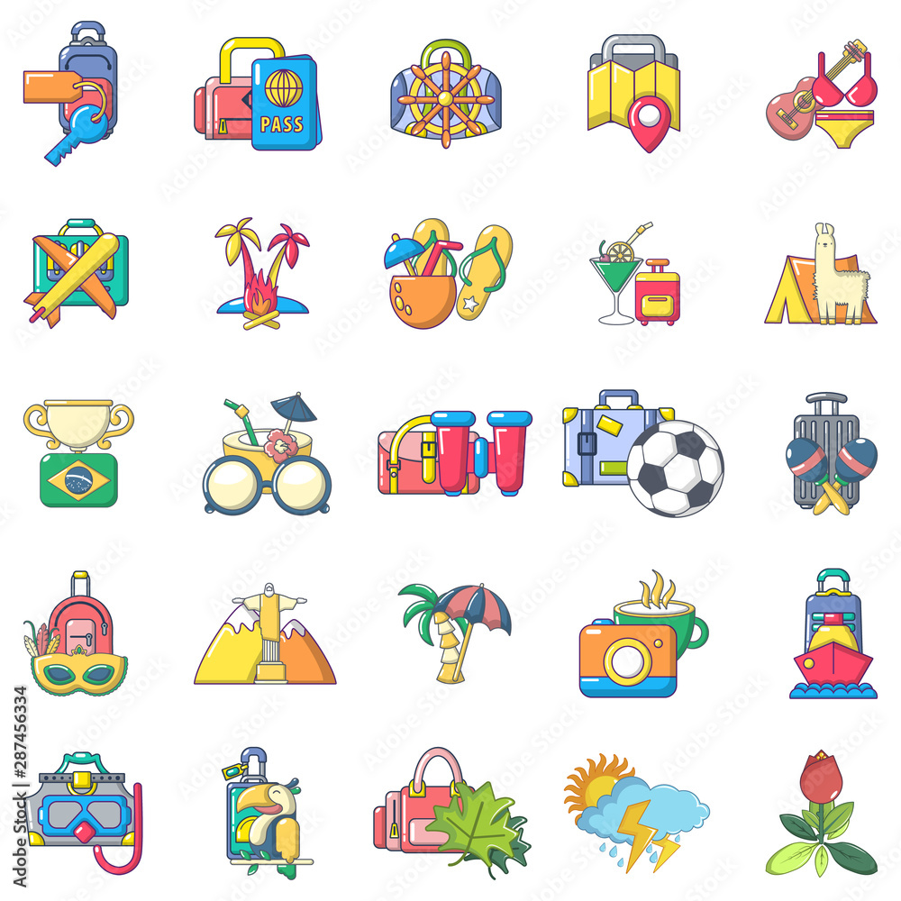 Naklejka premium Brazil trip icons set. Cartoon set of 25 brazil trip vector icons for web isolated on white background