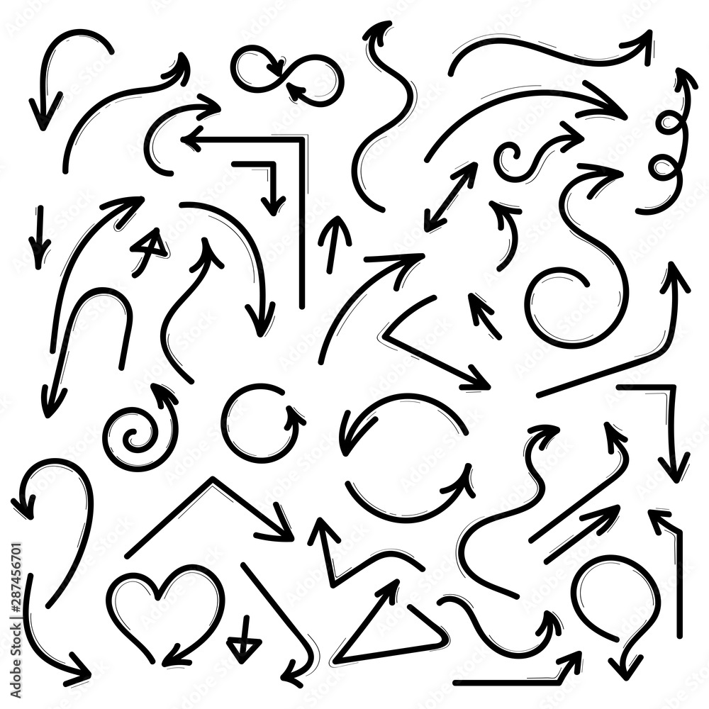 Super set different hand-drawn arrows, vector graphic design. Abstract arrows in hand drawn style for concept design. Doodle illustration. Vector template for decoration Super set different hand-drawn arrows, vector graphic design. Abstract arrows in hand drawn style for concept design. Doodle illustration. Vector template for decoration