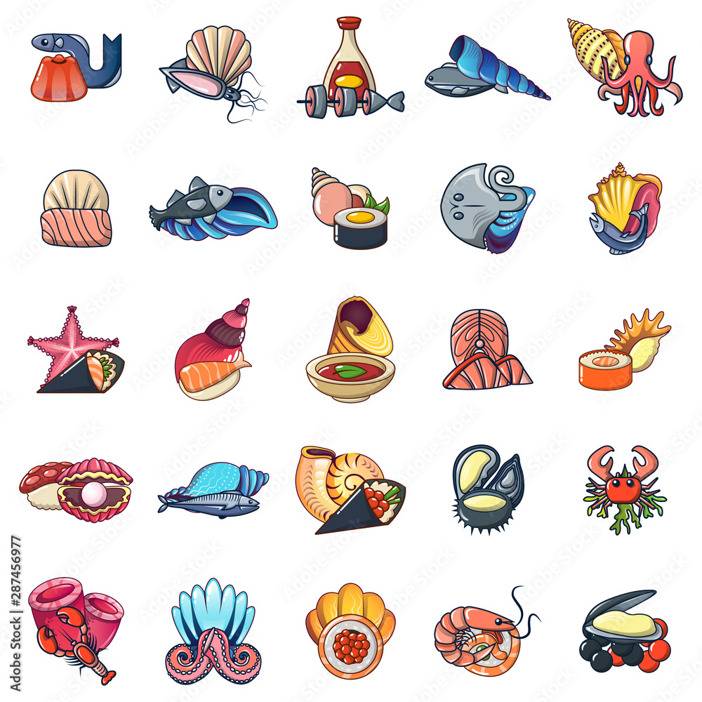 Obraz premium Seafood icons set. Cartoon set of 25 seafood vector icons for web isolated on white background