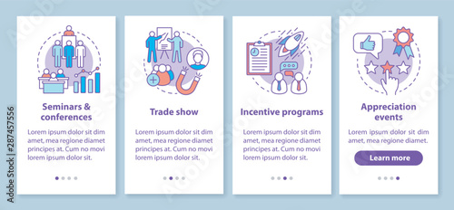 Corporate event management onboarding mobile app page screen with linear concepts. Seminars & conferences, incentive programs, appreciation events walkthrough instructions. UX, UI, GUI vector template