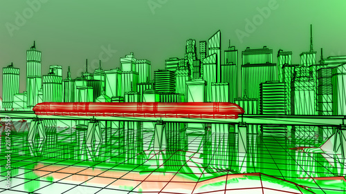 The futuristic night city, train traffic on the railway bridge. 3d illustration