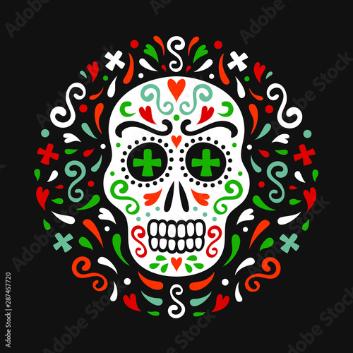 Mexican style ornamental sugar skull. National flag colored ornate circle backdrop of flourishes, hearts and crosses. EPS 10 vector tribal design colorful illustration.