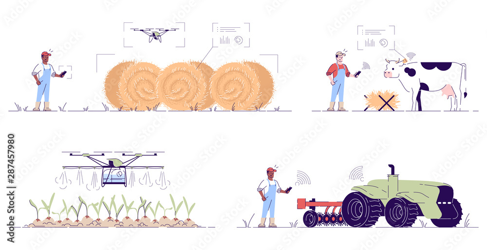Fototapeta premium Smart agriculture flat vector illustrations set. Hi-tech autonomous farming cartoon concepts with outline. Agricultural drones, UAV. Precision ag digital technologies and innovations, IOT in farming