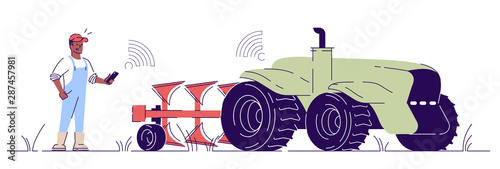 Driverless tractor flat vector illustration. Autonomous agricultural machinery outline concept. Farmer character control cultivator with smartphone. Smart agriculture implement isolated design element