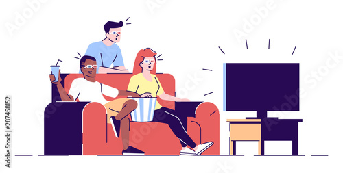 Friends watching films flat vector illustration. Boys, girl in 3d glasses enjoy TV series, movie at home. Students eating popcorn isolated cartoon characters with outline elements on white background