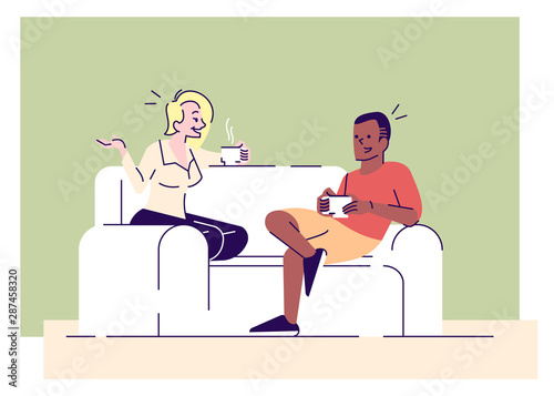 Family evening relax flat vector illustrations. Young wife talking with husband on sofa. Friends gossiping, drinking tea, coffee cartoon characters with outline elements on green background