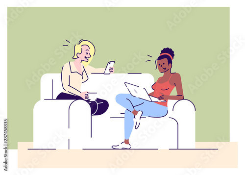Girls relax with gadgets flat vector illustrations. Female friends, roommates discussing social media posts updates. Women gossiping cartoon characters with outline elements on green background