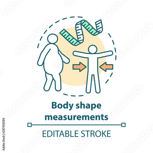 Body shape measurement concept icon. Fighting obesity, keeping fit idea thin line illustration. Measuring tape. Controlling body mass. Vector isolated outline drawing. Editable stroke © bsd studio