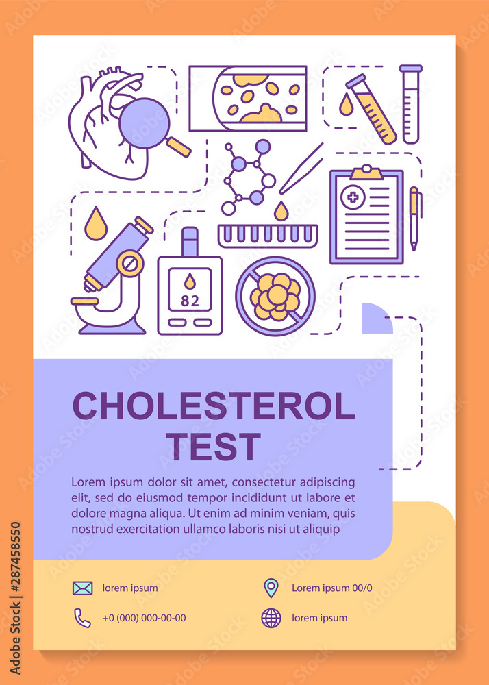 Fototapeta premium Cholesterol test brochure template layout. Flyer, booklet, leaflet print design with linear illustrations. Fat blocked arteries. Vector page layouts for annual reports, advertising posters