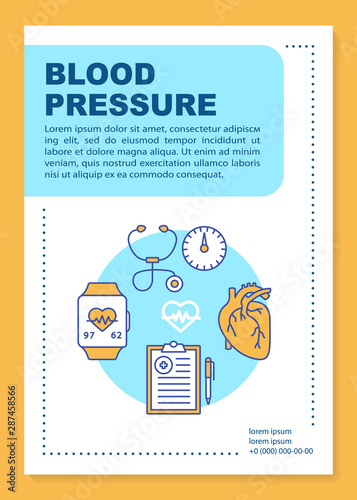 Blood pressure brochure template layout. Heart functioning monitoring. Flyer, booklet, leaflet print design with linear illustrations. Vector page layouts for annual reports, advertising posters