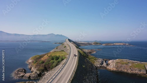 Aerial view of Atlantic Road (Atlanterhavsveien) also known as ”The Road in the Ocean” in Norway. National Tourist Route.